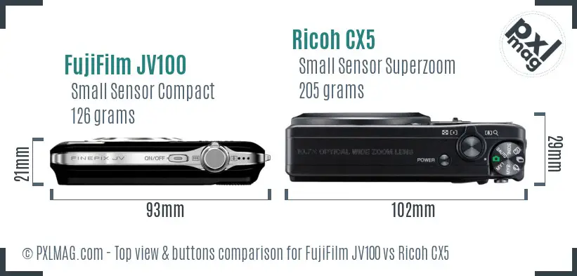 FujiFilm JV100 vs Ricoh CX5 top view buttons comparison