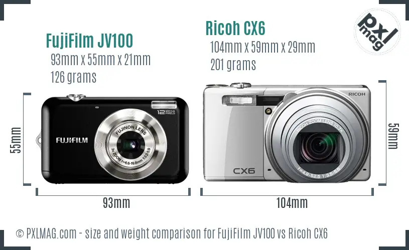 FujiFilm JV100 vs Ricoh CX6 size comparison