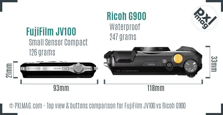FujiFilm JV100 vs Ricoh G900 top view buttons comparison FujiFilm JV100 vs Ricoh G900 top view buttons comparison