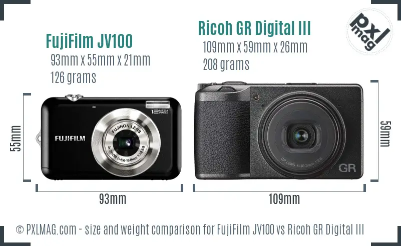 FujiFilm JV100 vs Ricoh GR Digital III size comparison