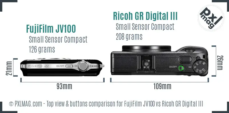 FujiFilm JV100 vs Ricoh GR Digital III top view buttons comparison