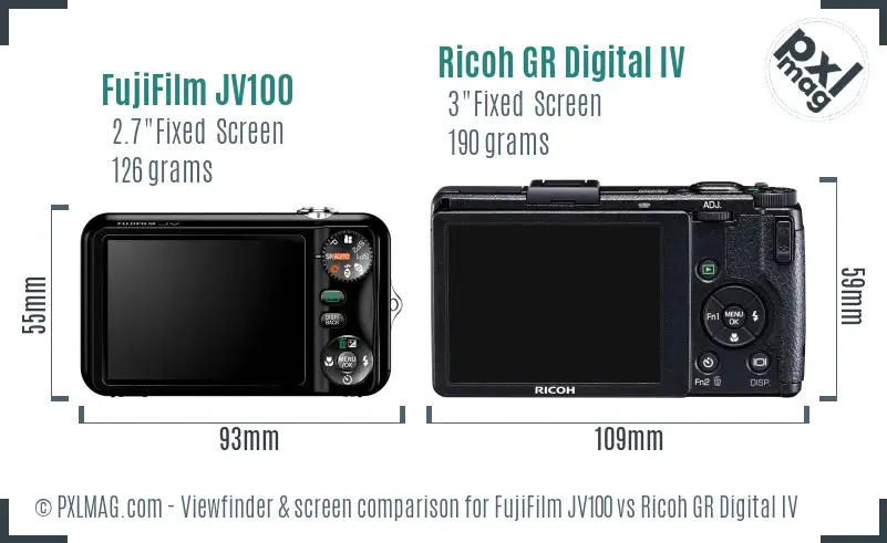 FujiFilm JV100 vs Ricoh GR Digital IV Screen and Viewfinder comparison
