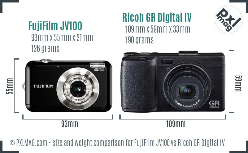 FujiFilm JV100 vs Ricoh GR Digital IV size comparison