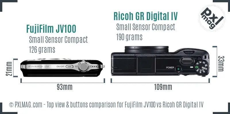 FujiFilm JV100 vs Ricoh GR Digital IV top view buttons comparison