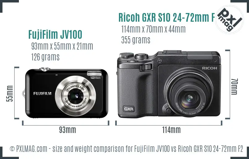 FujiFilm JV100 vs Ricoh GXR S10 24-72mm F2.5-4.4 VC size comparison
