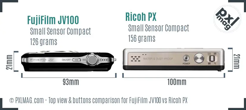 FujiFilm JV100 vs Ricoh PX top view buttons comparison