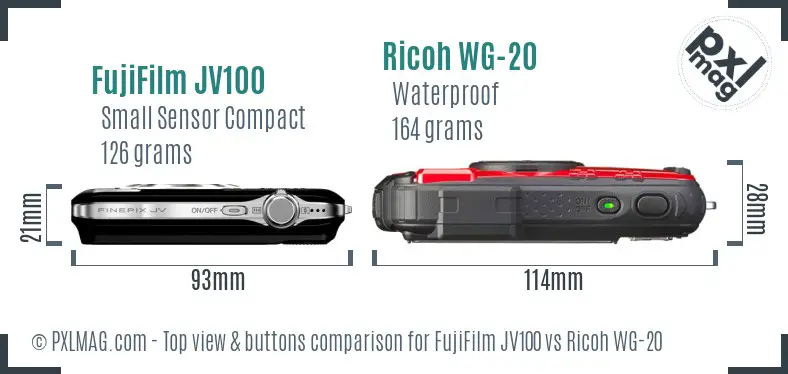FujiFilm JV100 vs Ricoh WG-20 top view buttons comparison