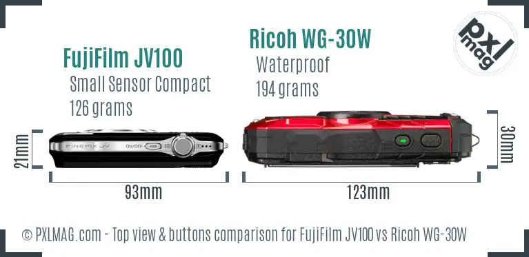 FujiFilm JV100 vs Ricoh WG-30W top view buttons comparison