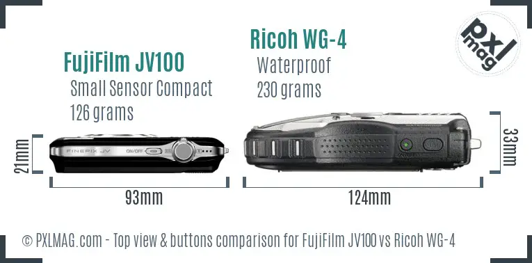 FujiFilm JV100 vs Ricoh WG-4 top view buttons comparison