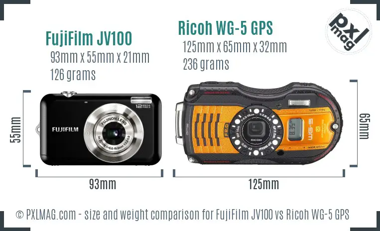 FujiFilm JV100 vs Ricoh WG-5 GPS size comparison FujiFilm JV100 vs Ricoh WG-5 GPS size comparison