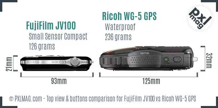 FujiFilm JV100 vs Ricoh WG-5 GPS top view buttons comparison FujiFilm JV100 vs Ricoh WG-5 GPS top view buttons comparison