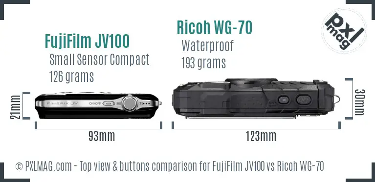 FujiFilm JV100 vs Ricoh WG-70 top view buttons comparison FujiFilm JV100 vs Ricoh WG-70 top view buttons comparison