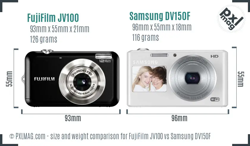 FujiFilm JV100 vs Samsung DV150F size comparison