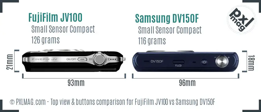 FujiFilm JV100 vs Samsung DV150F top view buttons comparison