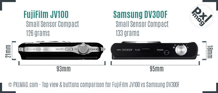 FujiFilm JV100 vs Samsung DV300F top view buttons comparison