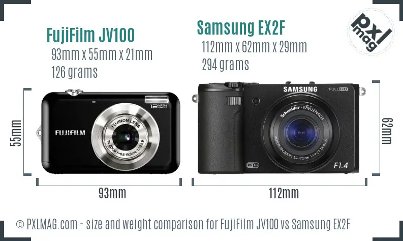 FujiFilm JV100 vs Samsung EX2F size comparison
