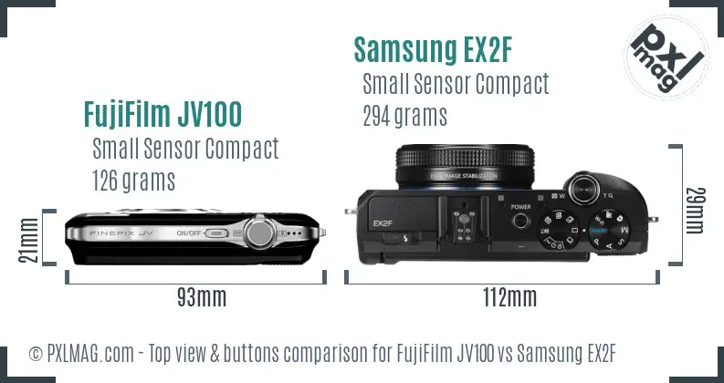 FujiFilm JV100 vs Samsung EX2F top view buttons comparison