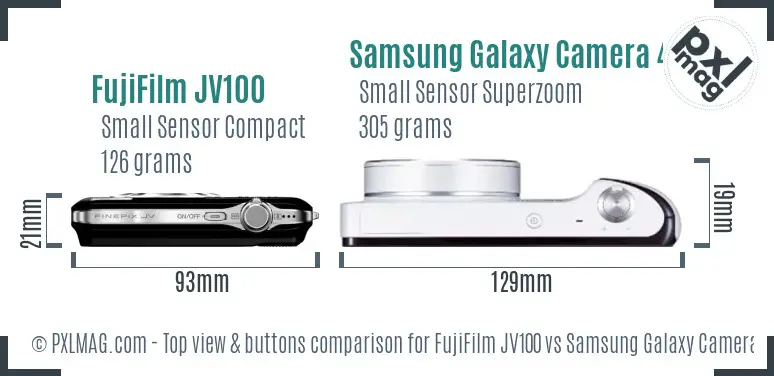 FujiFilm JV100 vs Samsung Galaxy Camera 4G top view buttons comparison