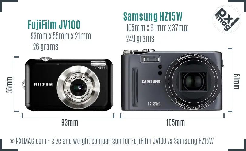 FujiFilm JV100 vs Samsung HZ15W size comparison