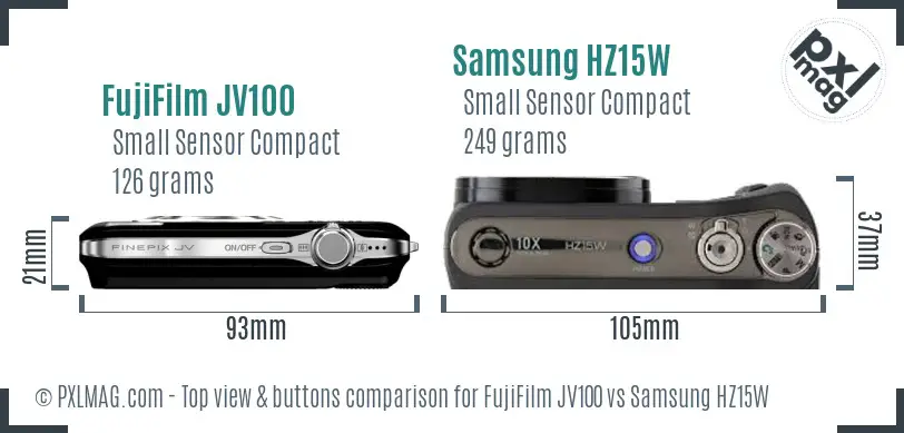 FujiFilm JV100 vs Samsung HZ15W top view buttons comparison