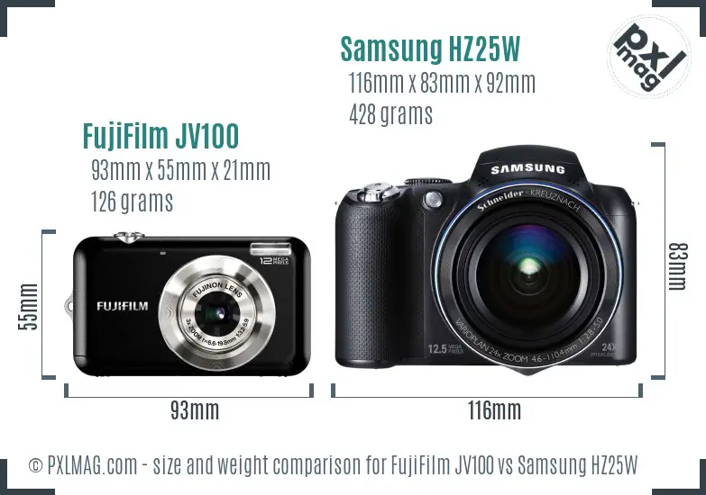FujiFilm JV100 vs Samsung HZ25W size comparison