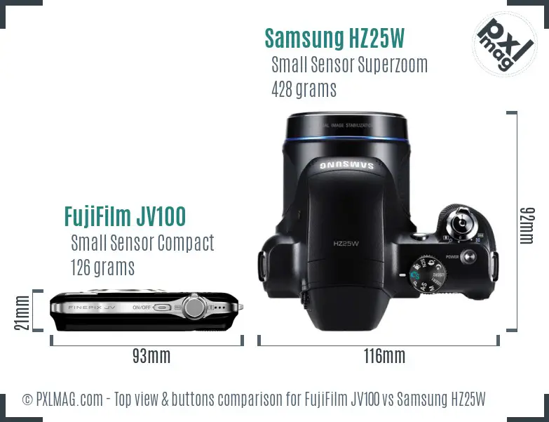 FujiFilm JV100 vs Samsung HZ25W top view buttons comparison