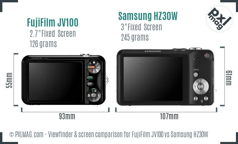 FujiFilm JV100 vs Samsung HZ30W Screen and Viewfinder comparison