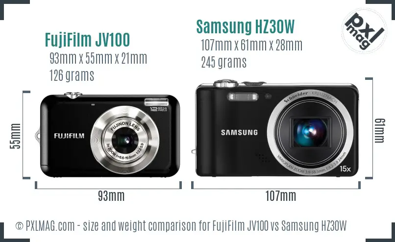 FujiFilm JV100 vs Samsung HZ30W size comparison FujiFilm JV100 vs Samsung HZ30W size comparison