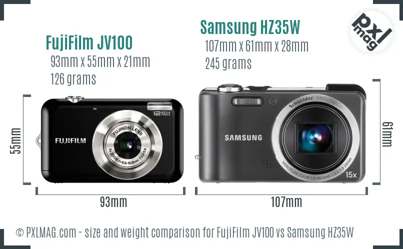 FujiFilm JV100 vs Samsung HZ35W size comparison