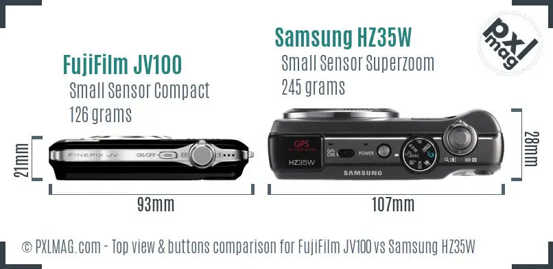 FujiFilm JV100 vs Samsung HZ35W top view buttons comparison