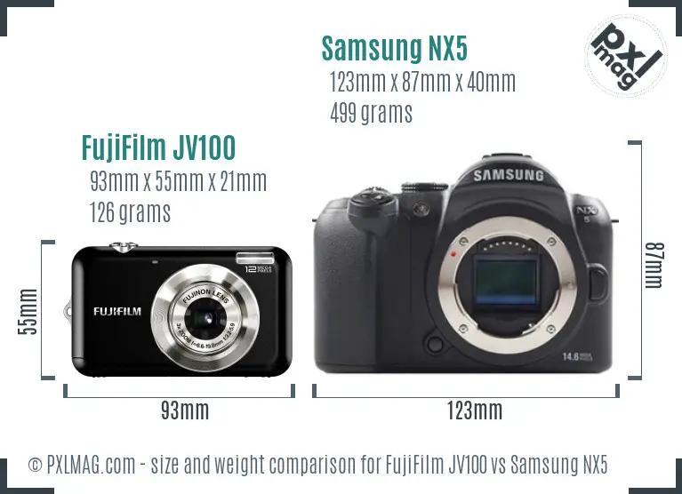 FujiFilm JV100 vs Samsung NX5 size comparison