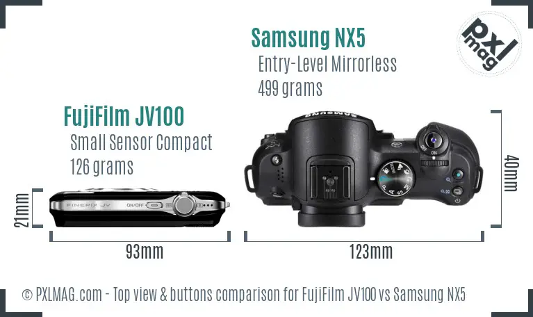 FujiFilm JV100 vs Samsung NX5 top view buttons comparison