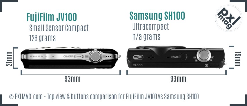 FujiFilm JV100 vs Samsung SH100 top view buttons comparison
