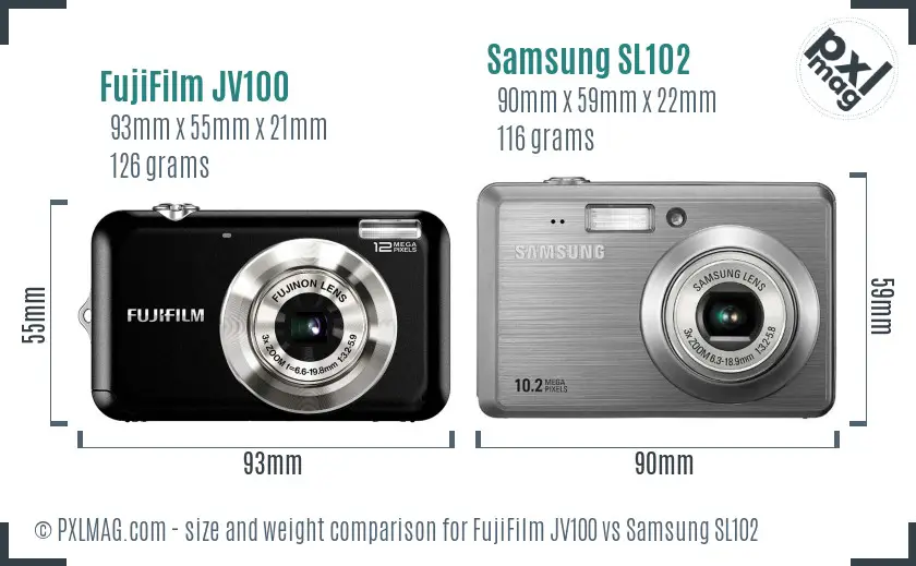 FujiFilm JV100 vs Samsung SL102 size comparison