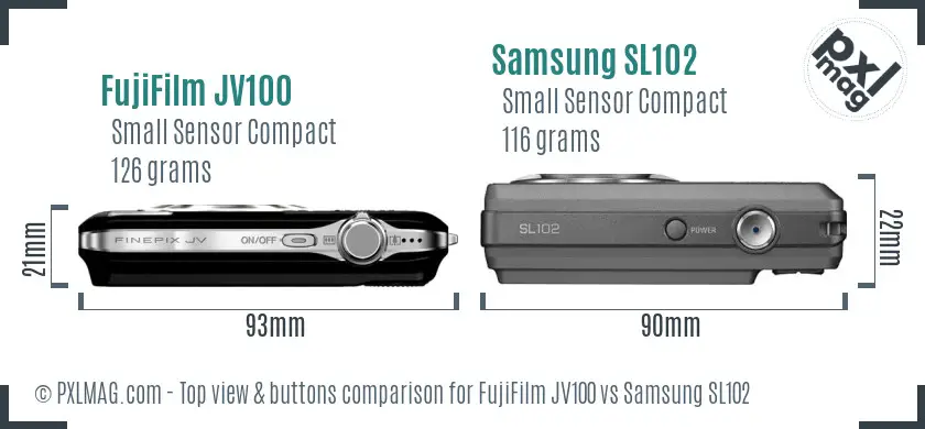 FujiFilm JV100 vs Samsung SL102 top view buttons comparison