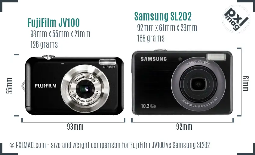 FujiFilm JV100 vs Samsung SL202 size comparison