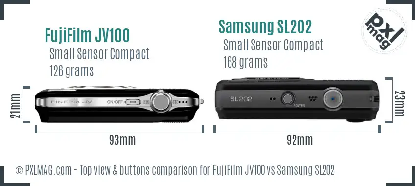 FujiFilm JV100 vs Samsung SL202 top view buttons comparison