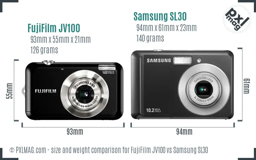 FujiFilm JV100 vs Samsung SL30 size comparison