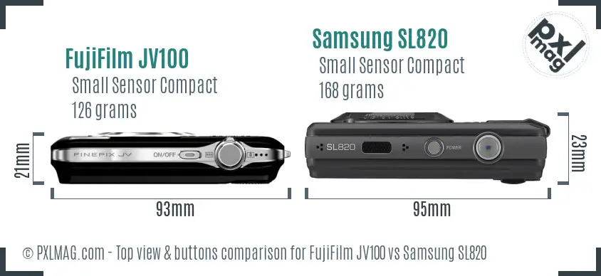 FujiFilm JV100 vs Samsung SL820 top view buttons comparison FujiFilm JV100 vs Samsung SL820 top view buttons comparison