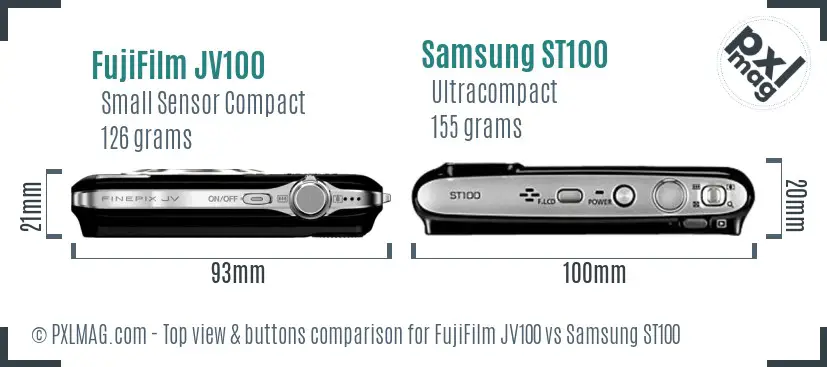 FujiFilm JV100 vs Samsung ST100 top view buttons comparison