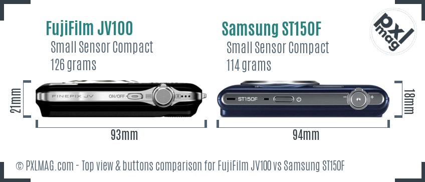 FujiFilm JV100 vs Samsung ST150F top view buttons comparison