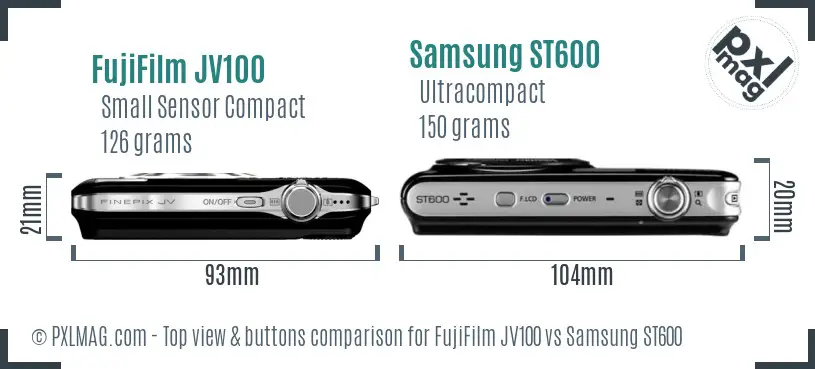 FujiFilm JV100 vs Samsung ST600 top view buttons comparison FujiFilm JV100 vs Samsung ST600 top view buttons comparison