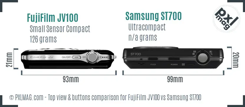 FujiFilm JV100 vs Samsung ST700 top view buttons comparison FujiFilm JV100 vs Samsung ST700 top view buttons comparison