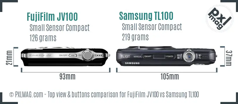 FujiFilm JV100 vs Samsung TL100 top view buttons comparison FujiFilm JV100 vs Samsung TL100 top view buttons comparison