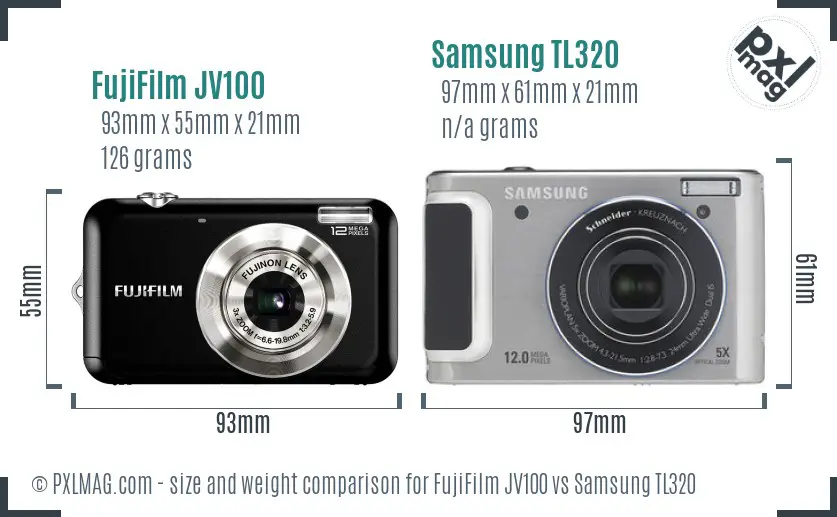 FujiFilm JV100 vs Samsung TL320 size comparison FujiFilm JV100 vs Samsung TL320 size comparison