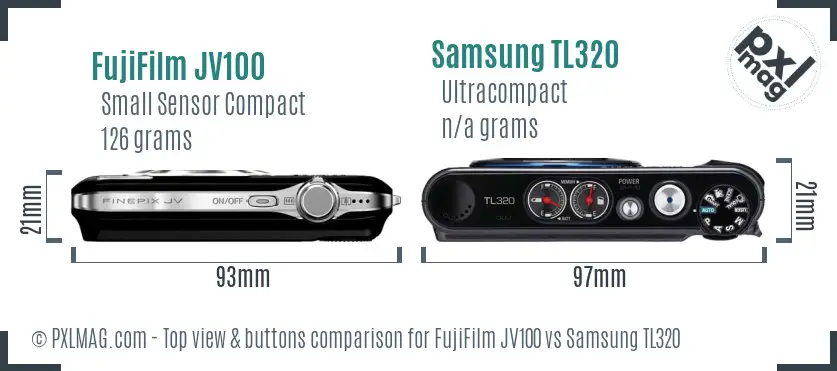 FujiFilm JV100 vs Samsung TL320 top view buttons comparison FujiFilm JV100 vs Samsung TL320 top view buttons comparison