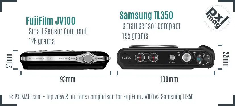 FujiFilm JV100 vs Samsung TL350 top view buttons comparison
