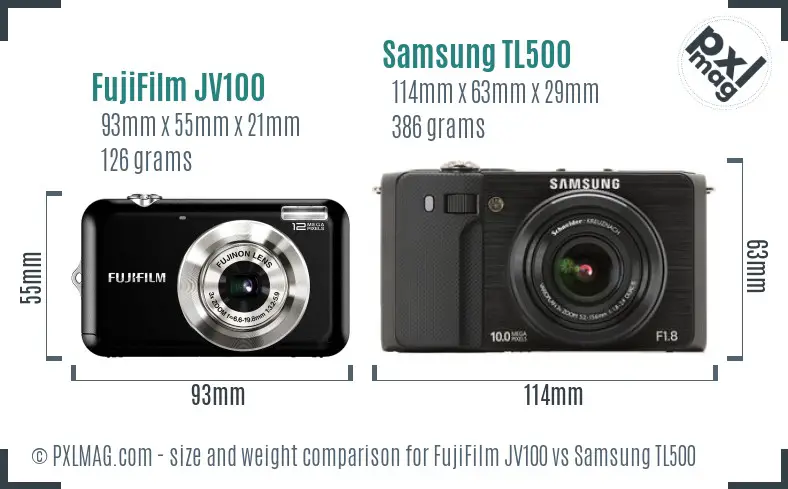 FujiFilm JV100 vs Samsung TL500 size comparison