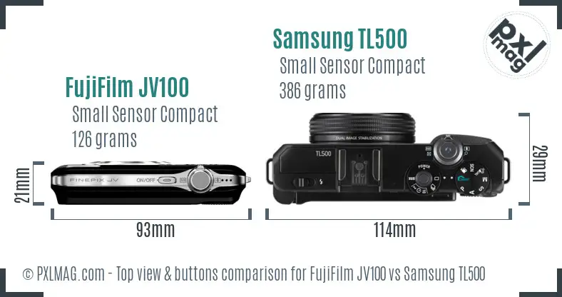 FujiFilm JV100 vs Samsung TL500 top view buttons comparison