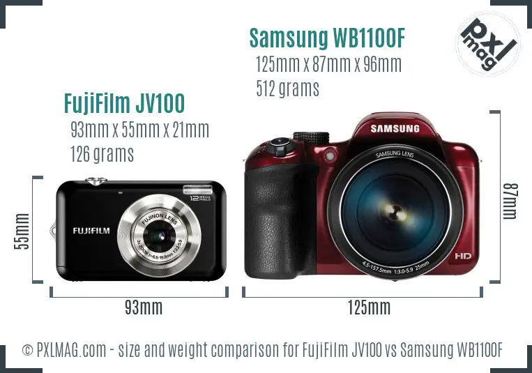 FujiFilm JV100 vs Samsung WB1100F size comparison FujiFilm JV100 vs Samsung WB1100F size comparison